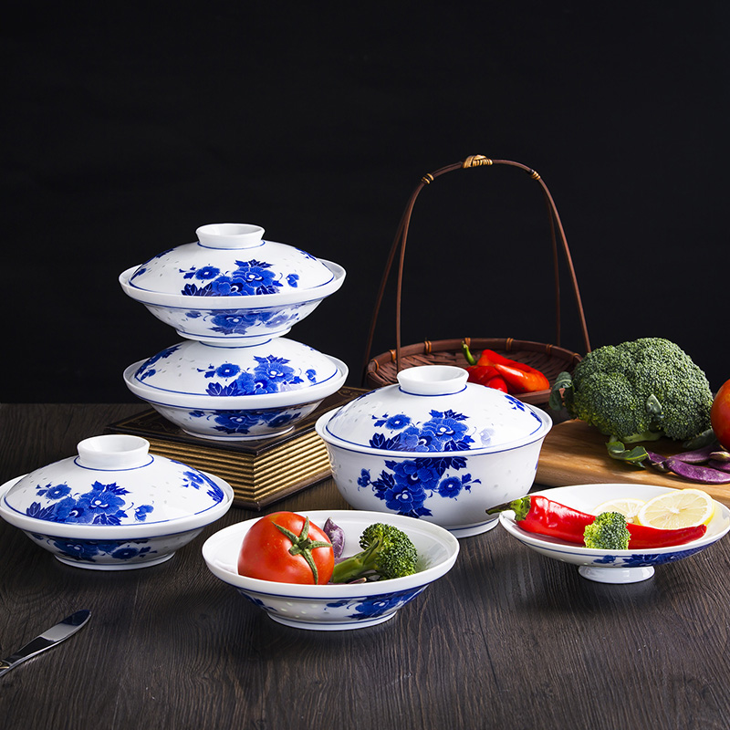 景德镇釉下彩青花中式汤碗玲珑瓷