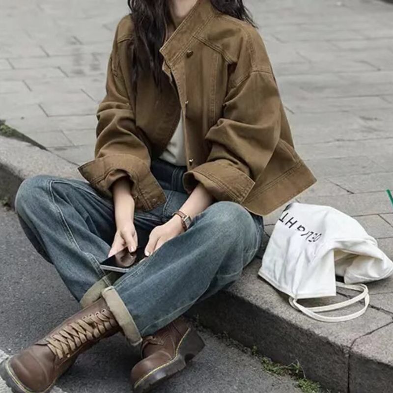 2026新款秋季复古咖色牛仔短外套女立领工装夹克时尚洋气上衣