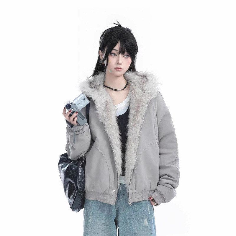 2026冬季新款美式复古毛领连帽棉服外套女小个子保暖加厚毛绒棉衣