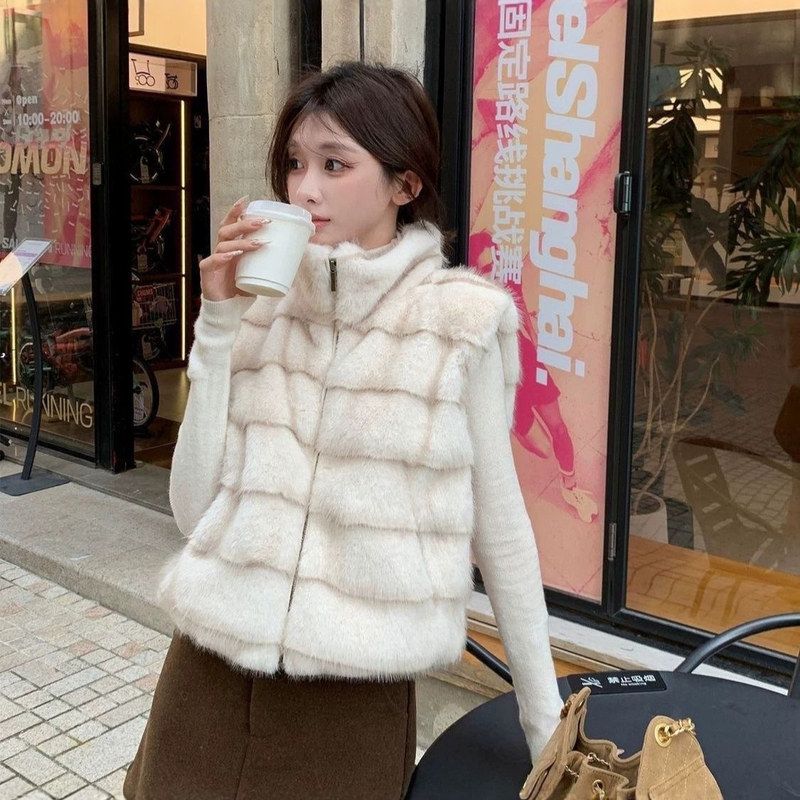 秋冬季新款韩系复古立领仿貂毛坎肩马甲女无袖拉链毛毛背心外套