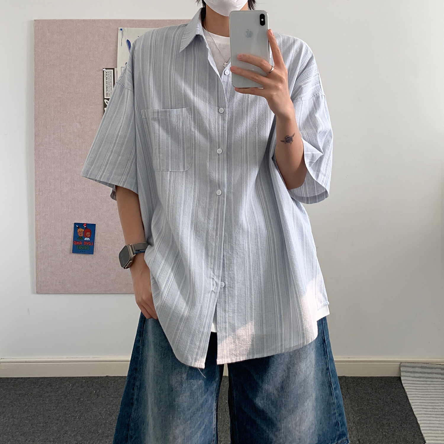 夏季宽松短袖衬衣中性男女条纹衬衫 A228/C575/P58图片