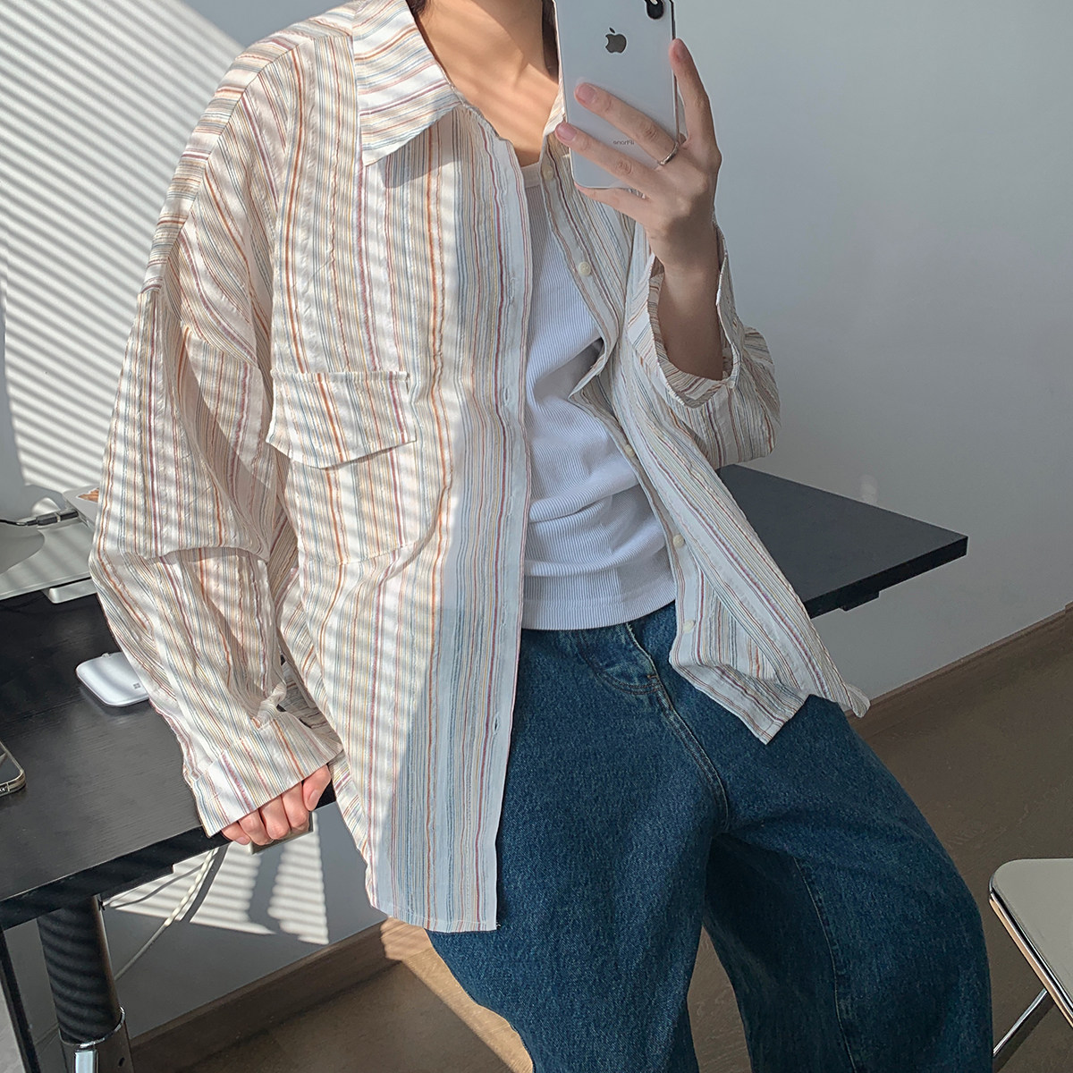 条纹宽松慵懒风薄款长袖衬衫 C581/P68图片