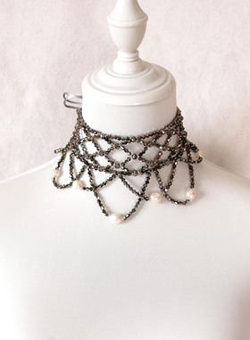 气质款手工编织水晶淡水珍珠长流苏系带choker精炼项链INS网红款
