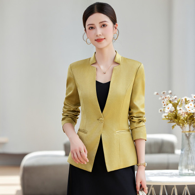 金黄色V领西装外套女秋季2024新款高级感气质经理管理层西服上衣