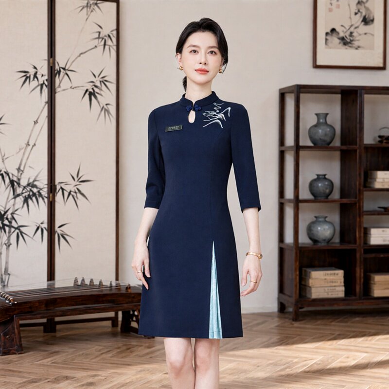 新中式美容院工作服连衣裙中袖气质收腰中裙酒店餐饮前台工装职业图片