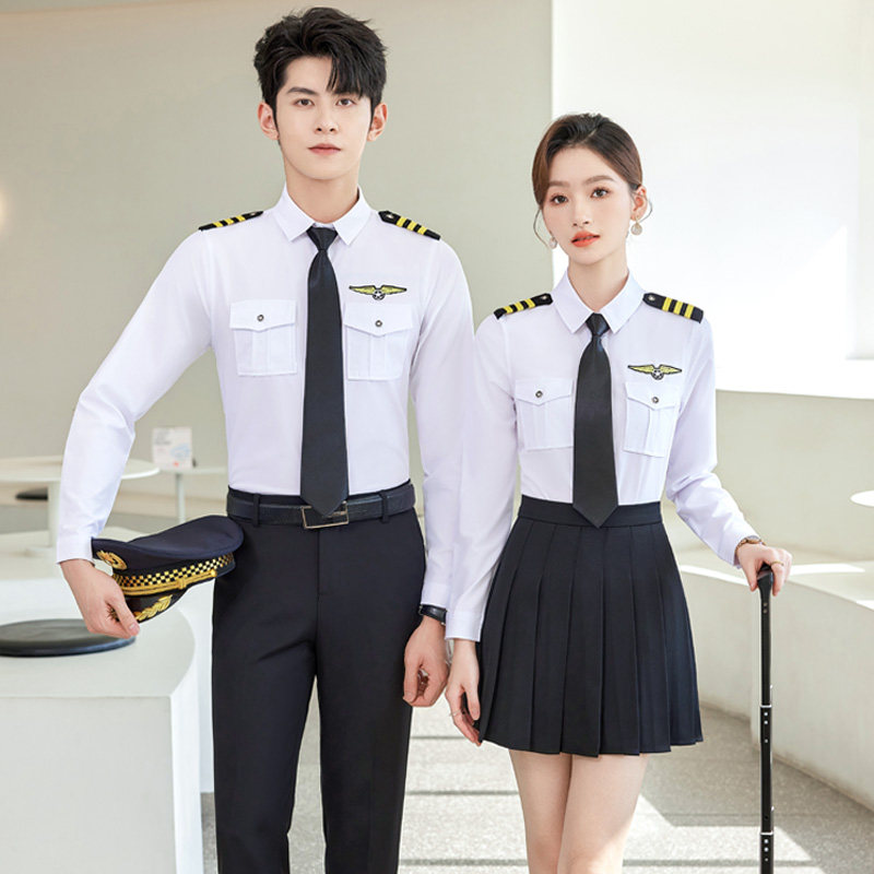 海军白色长袖衬衣航空飞行员空姐制服空乘面试机空少空乘男女上衣