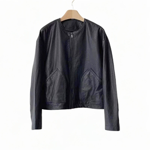 新款鞣鞣绵羊皮宽松2025春秋设计师新品圆领黑色皮衣外套女短款