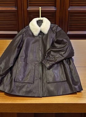 冬季新品进口油腊皮水貂领白鹅绒宽松皮衣欧货羽绒服中长外套女潮