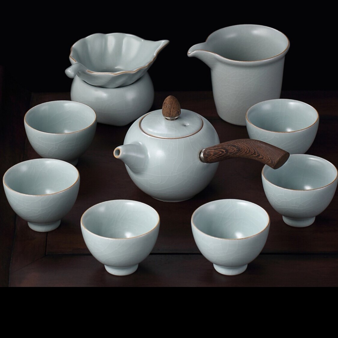 台湾汝窑盖碗茶具套装 开片精致冰裂可养茶杯 侧把10入美人肩茶器