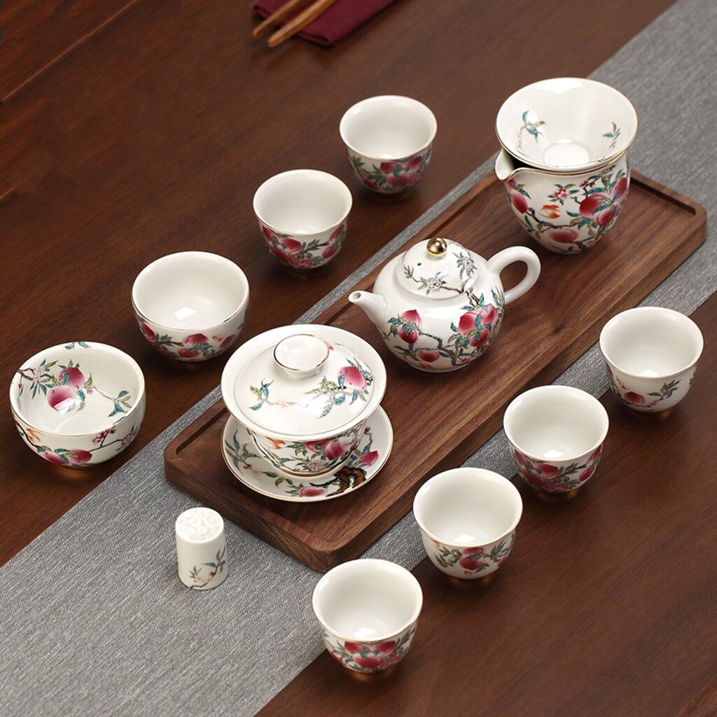 粉彩寿桃茶具套装 高档茶具礼品盒套装 办公送礼整套茶具套装