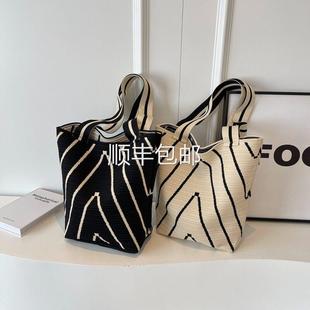 全球韩版 水包可折桶叠勤肩手单提 条纹大容量托特包简约日通韩风格