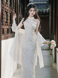 新中式国风套装女夏季刺绣盘扣挂脖旗袍连衣裙雪纺长袖开衫两件套