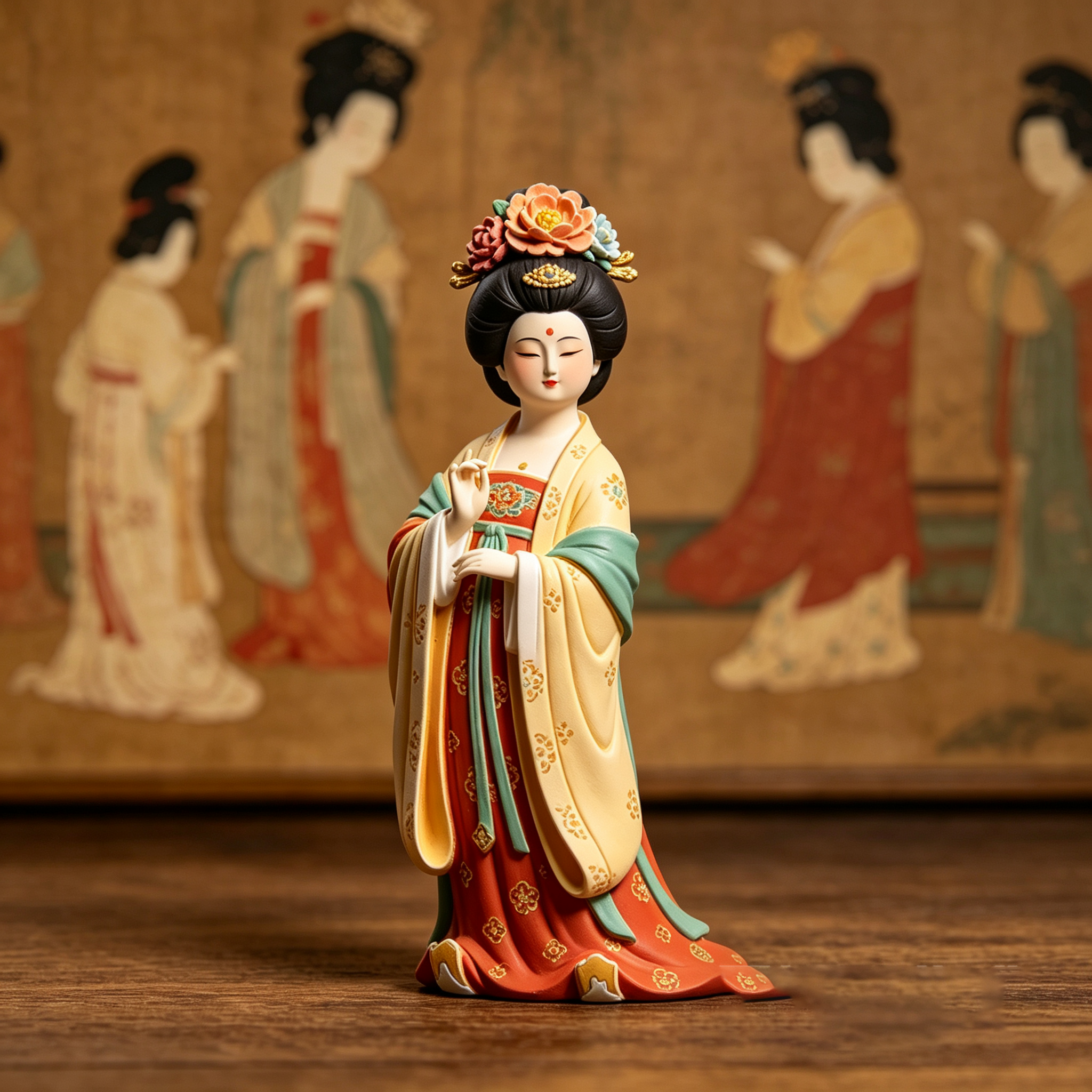 《簪花仕女图》同款仕女摆件 哑光树脂国风手办 新中式桌面装饰品