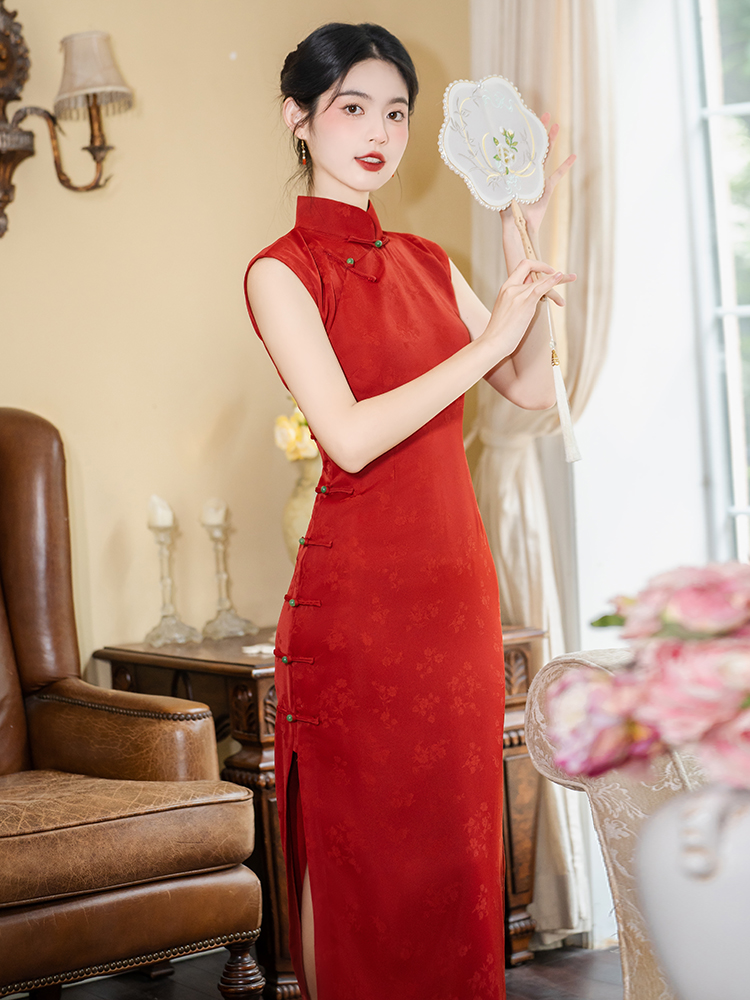 新中式改良旗袍结婚敬酒服连衣裙红色无袖订婚回门礼服晨袍女新娘