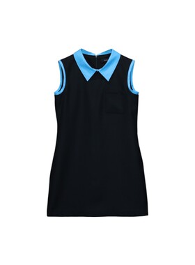 明星同款韩系拼色翻领无袖背心裙黑蓝撞色修身小个子直筒短连衣裙