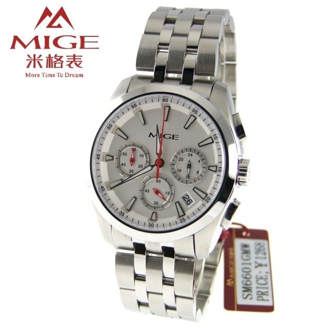 正品mige米格男表 男士手表 蓝宝石玻璃 日历六针多功能 50米防水