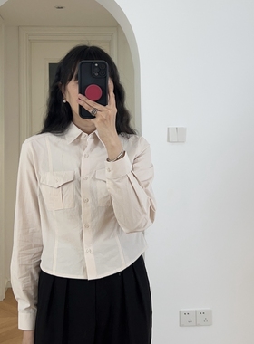春夏新品 高智感收腰短款长袖衬衫女 休闲修身上衣衬衣