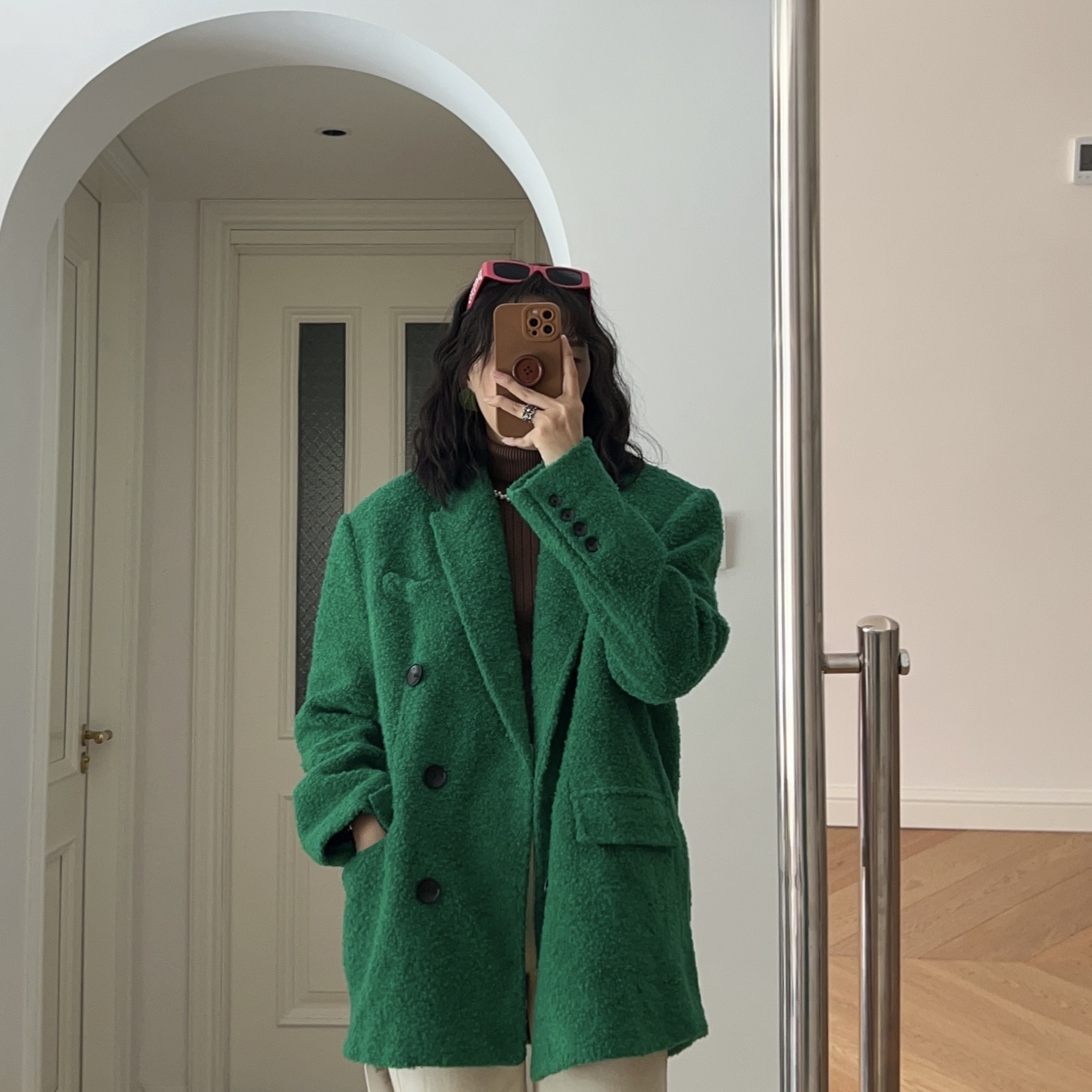 港风帅气双排扣圈圈毛呢大衣外套