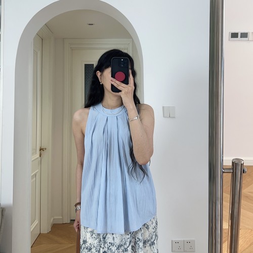 夏季新款 时尚气质无袖罩衫衬衫衬衣挂脖吊带宽松无袖上衣小衫