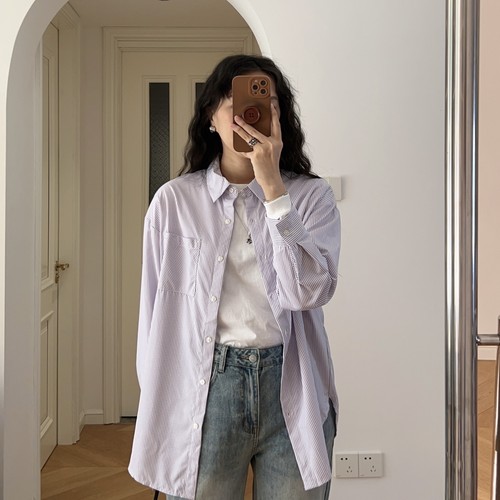包邮 秋装新款 法式简约竖条纹翻领长袖衬衫衬衣 0.2KG