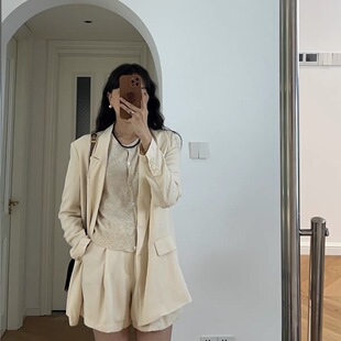 包邮秋装新款 法式简约长袖西装外套中高腰短裤阔腿裤套装 0.83KG