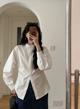 秋装新款 法式文艺宽松收腰立领长袖衬衫纯色白色衬衣 0.26KG