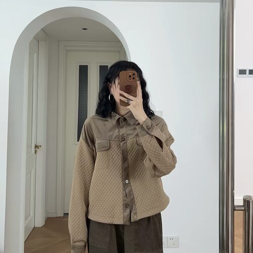 包邮秋冬新款 港风翻领拼接短款宽松长袖衬衫衬衣厚款 0.46KG