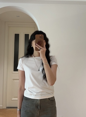 夏装新款 法式修身纯色圆领短袖T恤