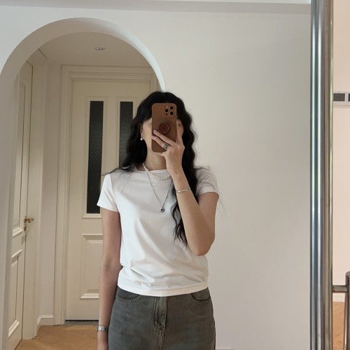 夏装新款 法式修身纯色圆领短袖T恤