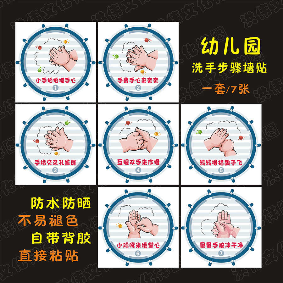 复古海洋蓝色船舵版 幼儿园七步洗手法步骤图卡通洗手