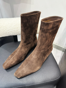 2025新款 复古风方头绒面弹力靴女真皮短靴瘦瘦靴