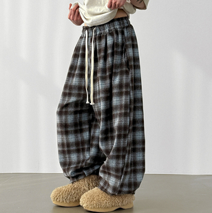check fleece wide banding pants (unisex)
