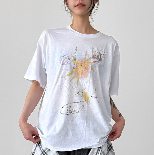 drawing printed cotton half tee