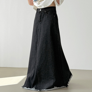 cut off black denim flare maxi skirt