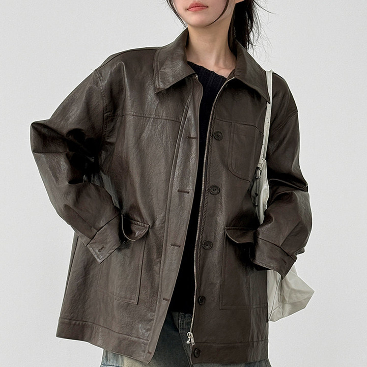 cracked leather pocket jacket