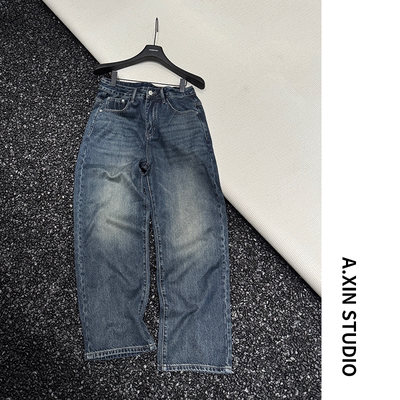 【阿信MX】冬季男士加绒棉感洗水深蓝直筒百搭宽松直筒牛仔裤长裤