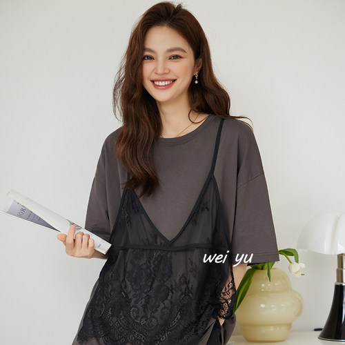 大码显瘦蕾丝吊带假两件套装