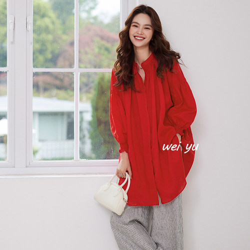 薇语大码八分袖纯色宽松衬衫女