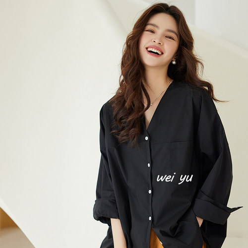 薇语大码女装V领衬衫女春夏2025新款长袖宽松纯色休闲时尚上衣女