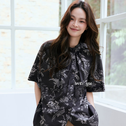 大码高级感印花棉衬衫女夏新款