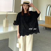 女装 通勤短袖 T恤女2025夏季 薇语大码 新款 宽松圆领镂空提花上衣女