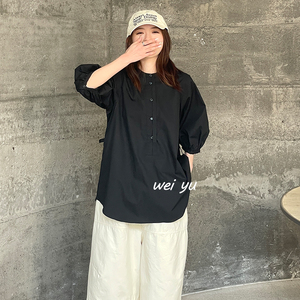 薇语大码女装纯色T恤女2024夏新款单排扣圆领灯笼半袖宽松上衣女