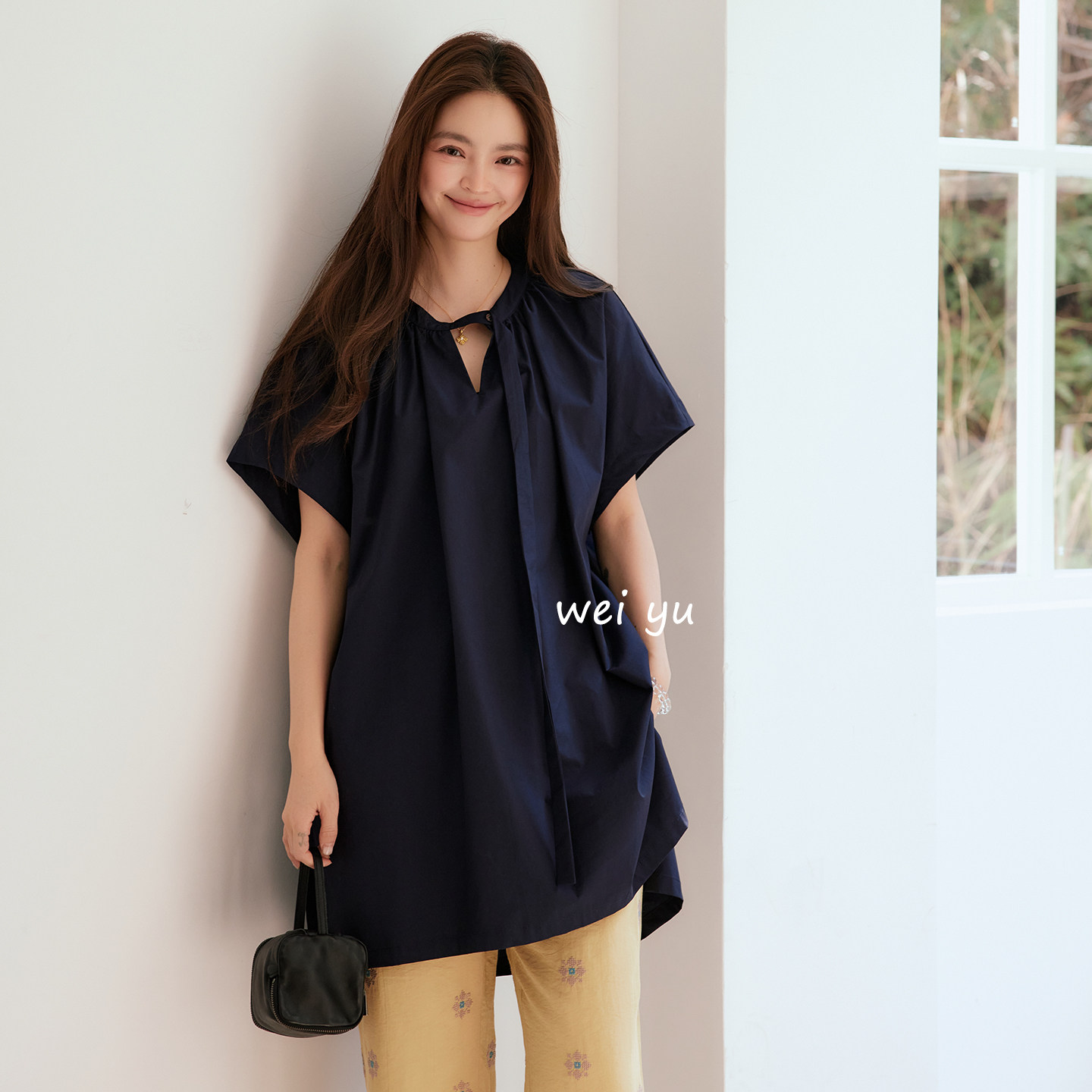薇语大码女装棉法式系带V领衬衫飞飞袖连衣裙宽松显瘦高级感裙子