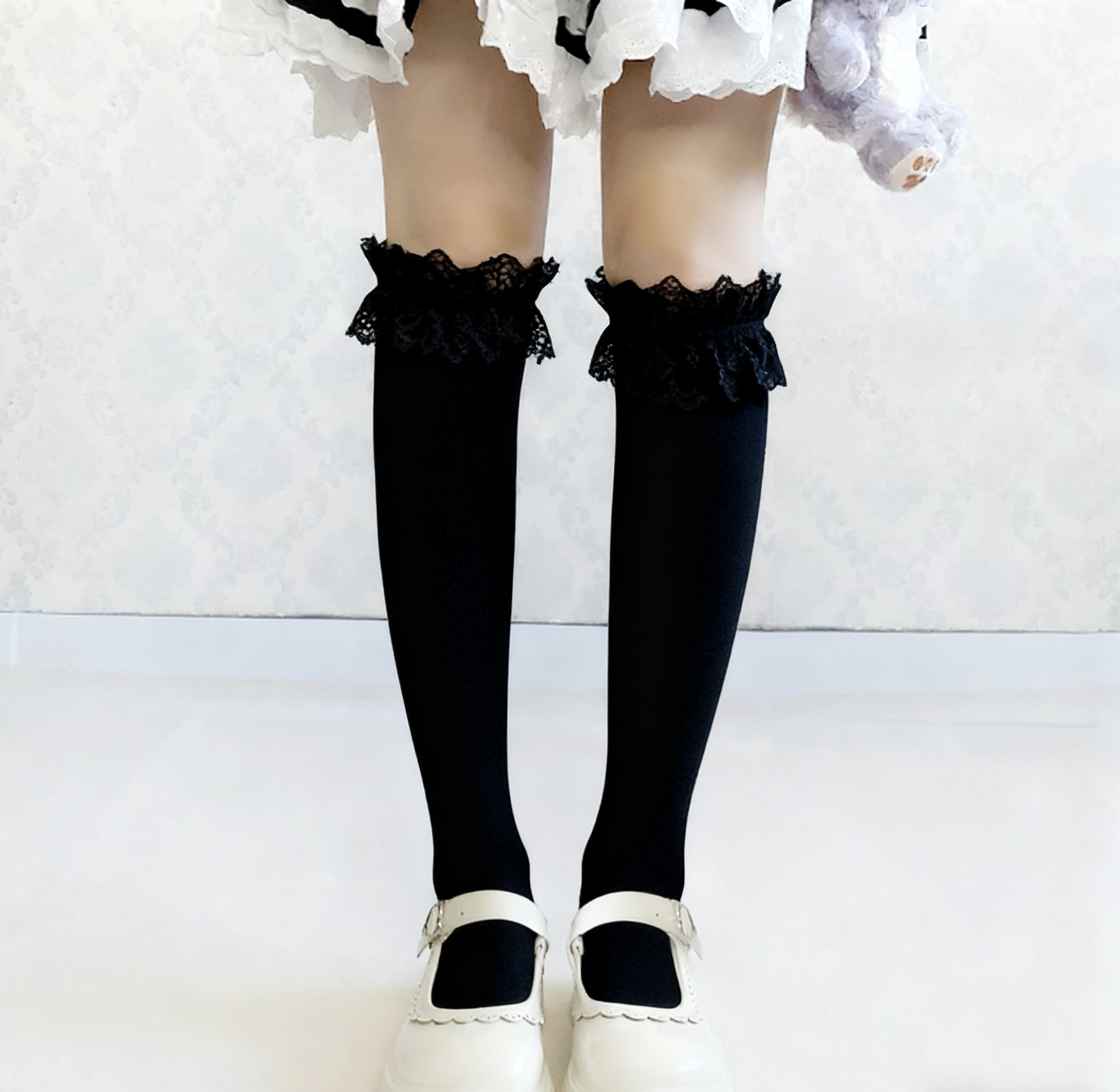 三双装 学生袜棉质女孩女生黑色蕾丝花边过膝长筒袜日系软妹袜