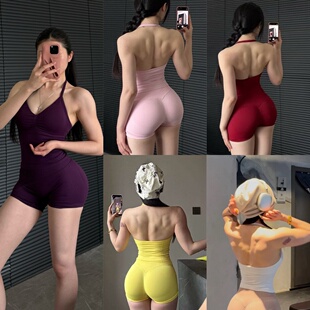 健身套装挂脖长款瑜伽背心女臀王蜜桃运动短裤女提臀紧身裤弹力
