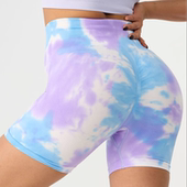 紧身跑步撸铁训练短裤 扎染蜜桃提臀运动健身裤 女无缝高腰三分裤