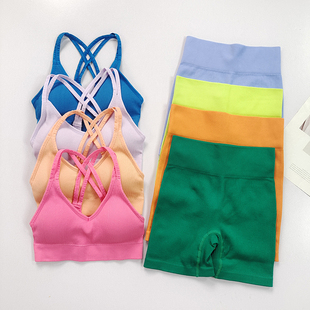 健身套装高腰提臀三分裤户外运动交叉美背透气吸汗高弹紧身文胸女