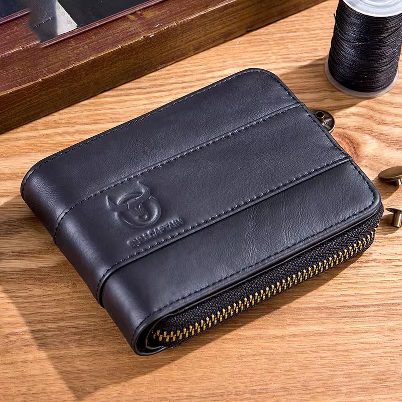 牛船长真皮钱包短款头层牛皮休闲零钱拉链多功能卡包驾驶证钱夹男