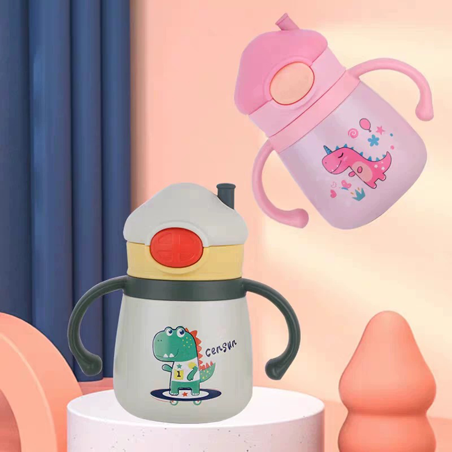 先行蘑菇屋儿童吸管水杯316不锈钢幼儿园可爱宝宝学饮杯把手水杯