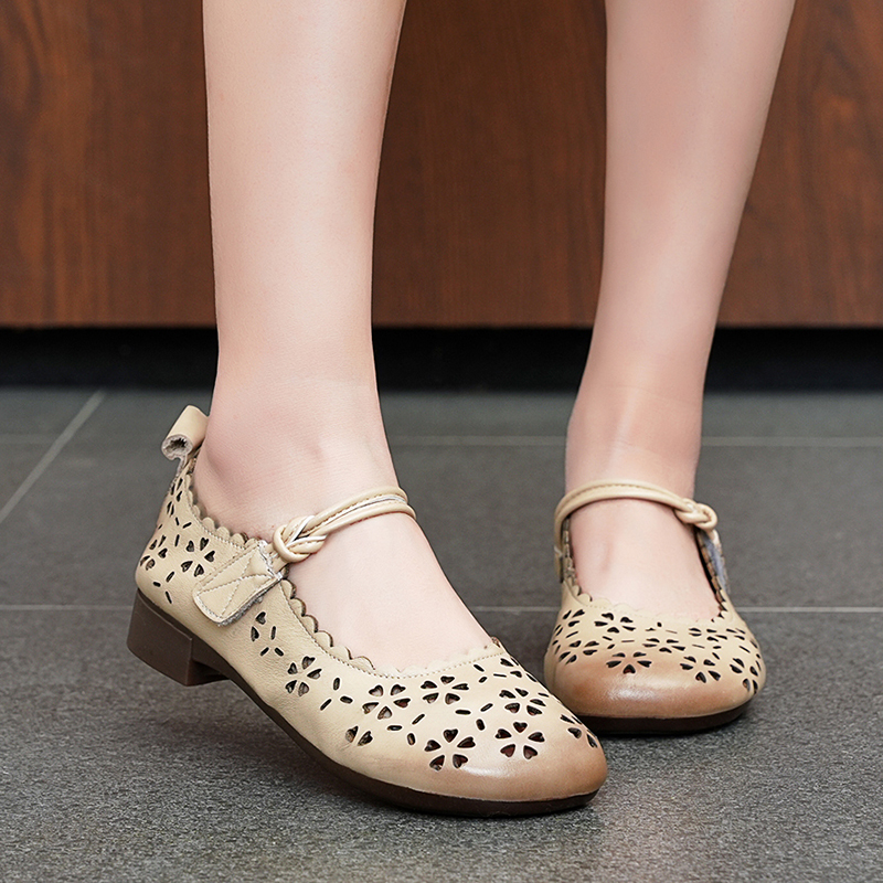 复古民族风镂空软底真皮妈妈鞋